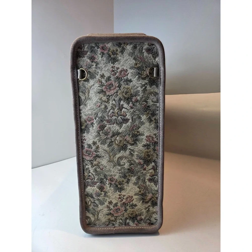 Vintage Suitcase French Luggage Co Gray Floral Rose Tapestry & Suede Leather 23